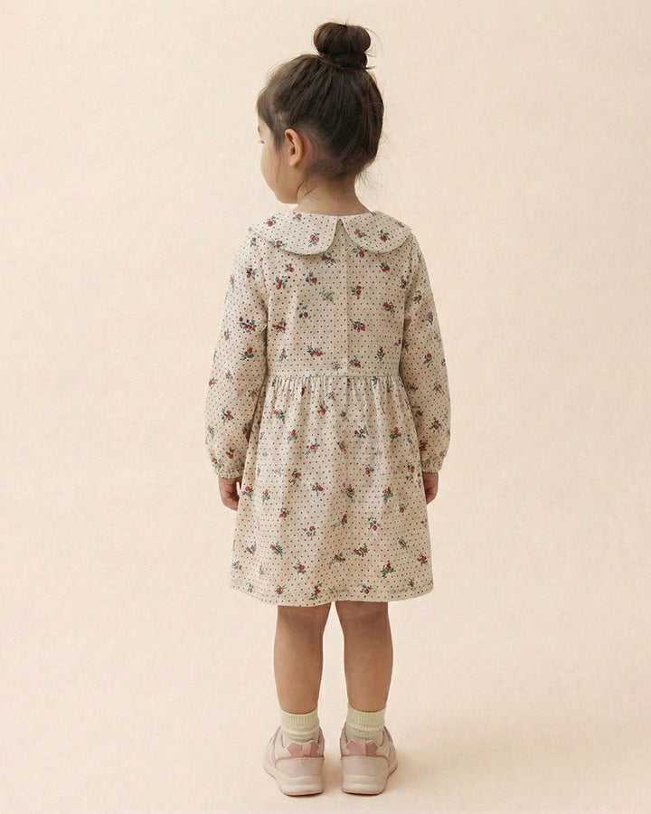 Girls White Collar Neck Corduroy Floral Print Dress
