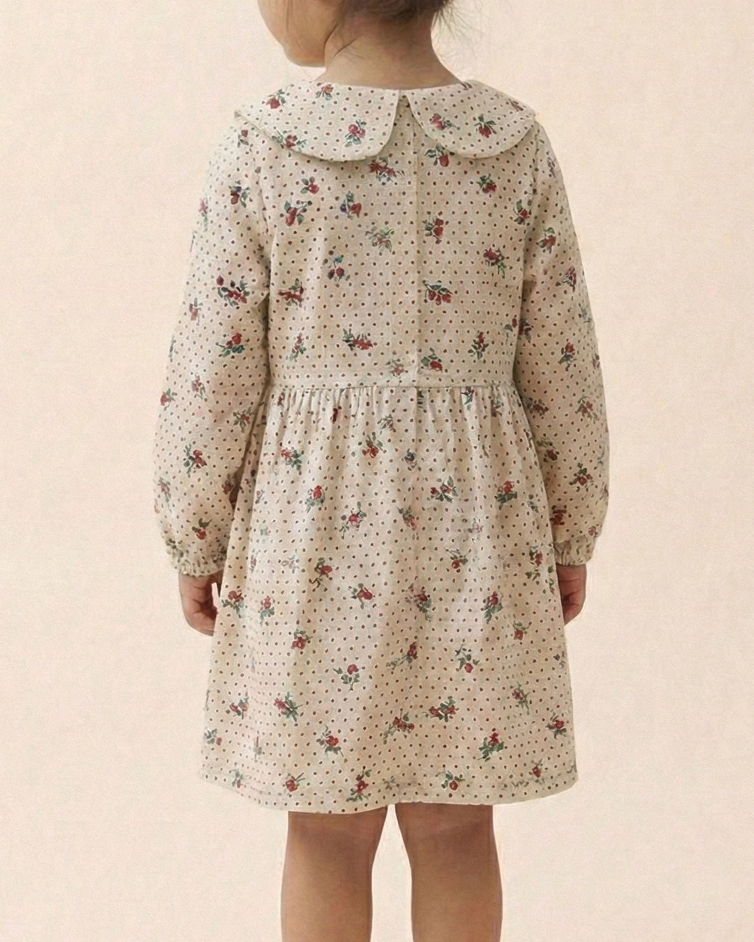 Girls White Collar Neck Corduroy Floral Print Dress