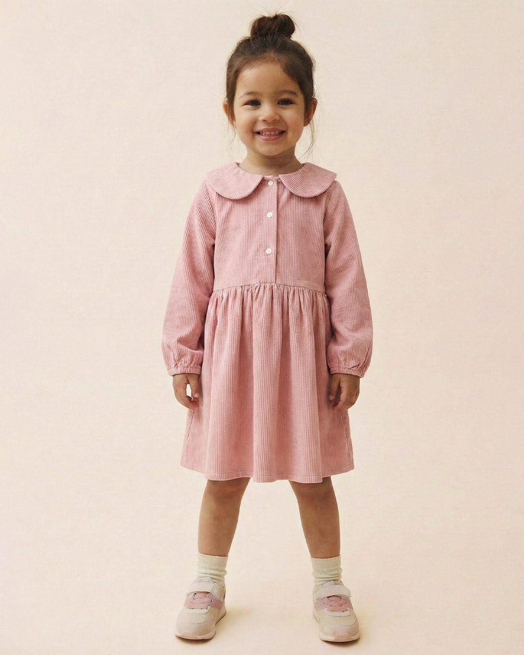 Girls Peach Collar Neck Corduroy Rib Solid Dress