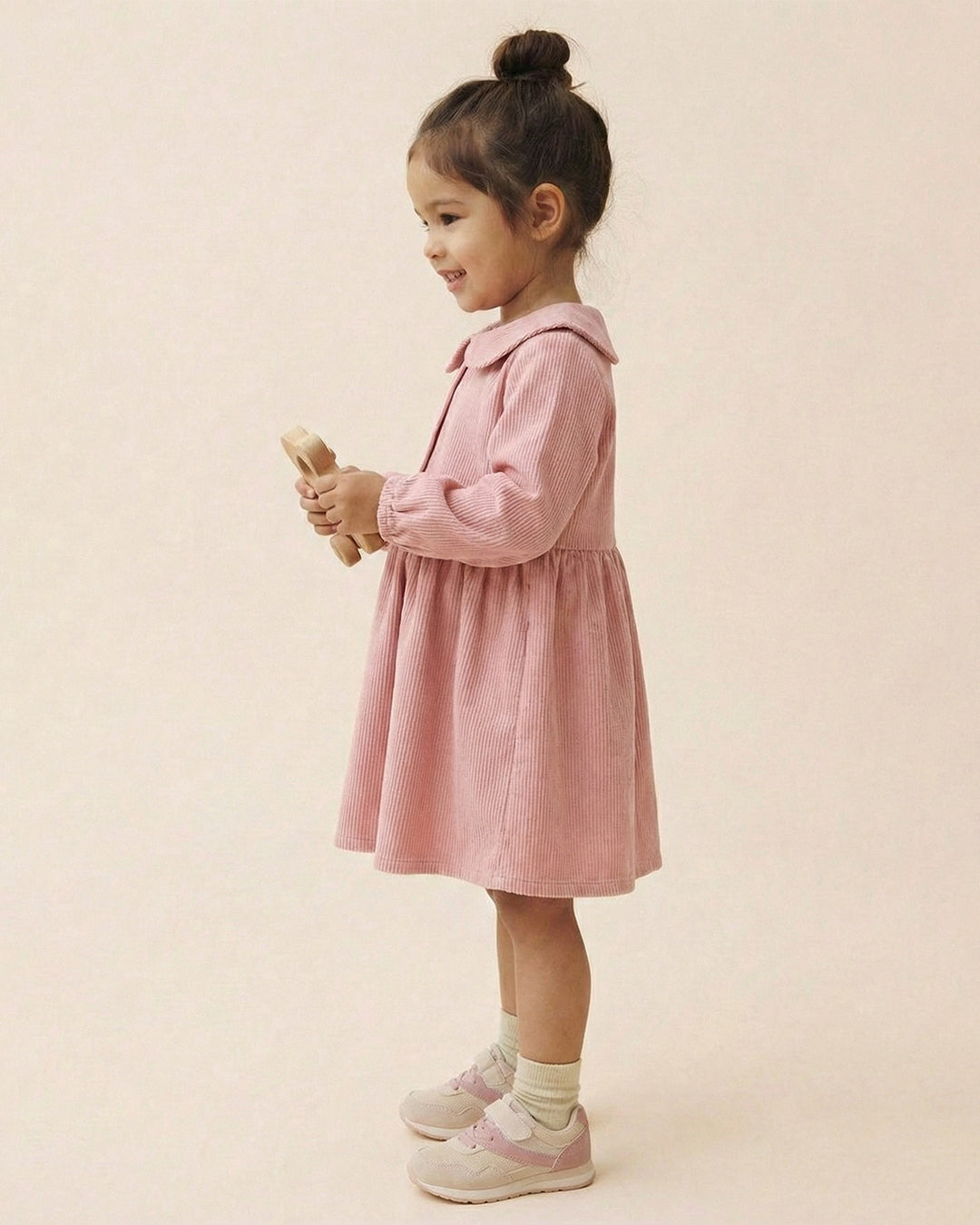 Girls Peach Collar Neck Corduroy Rib Solid Dress