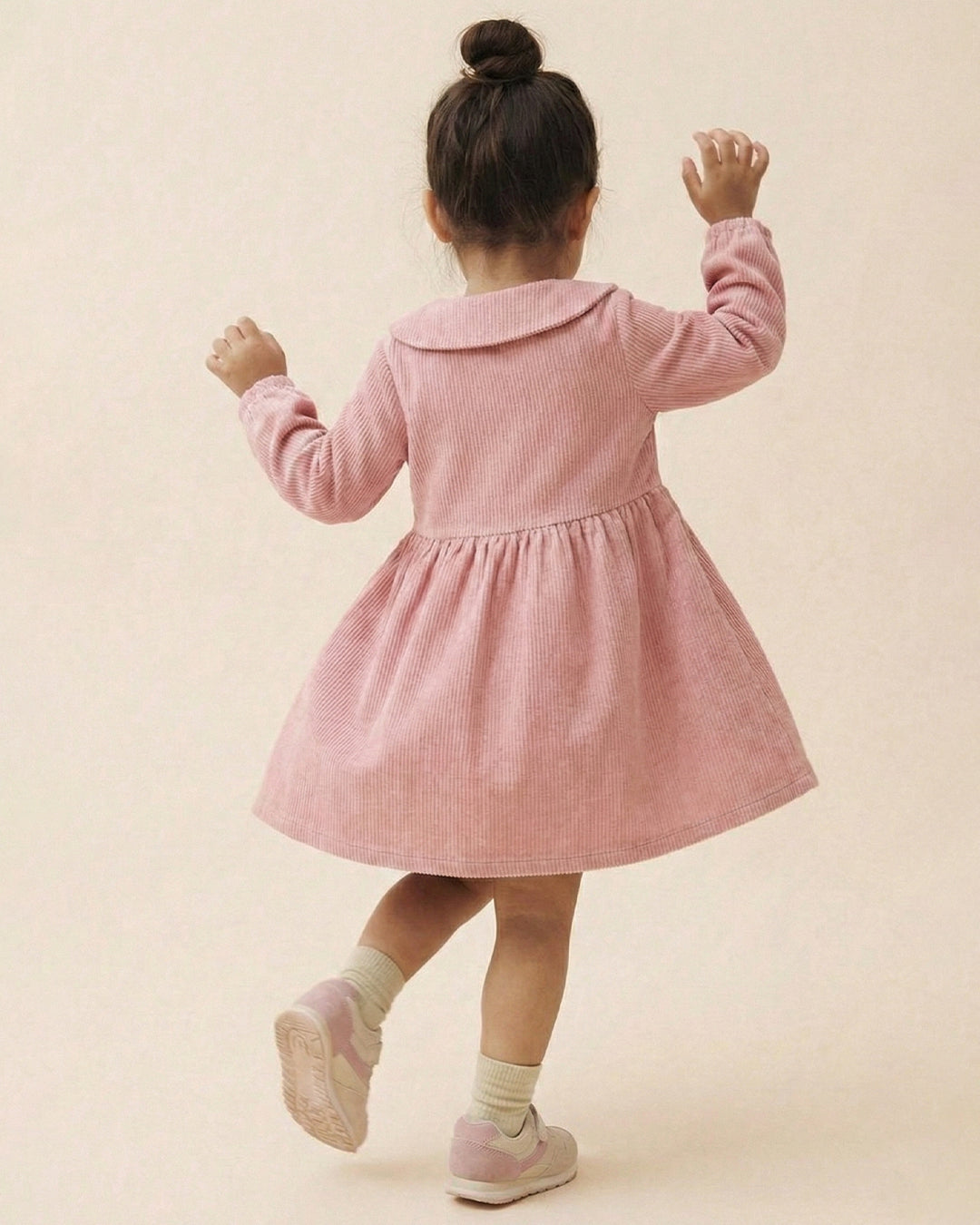Girls Peach Collar Neck Corduroy Rib Solid Dress