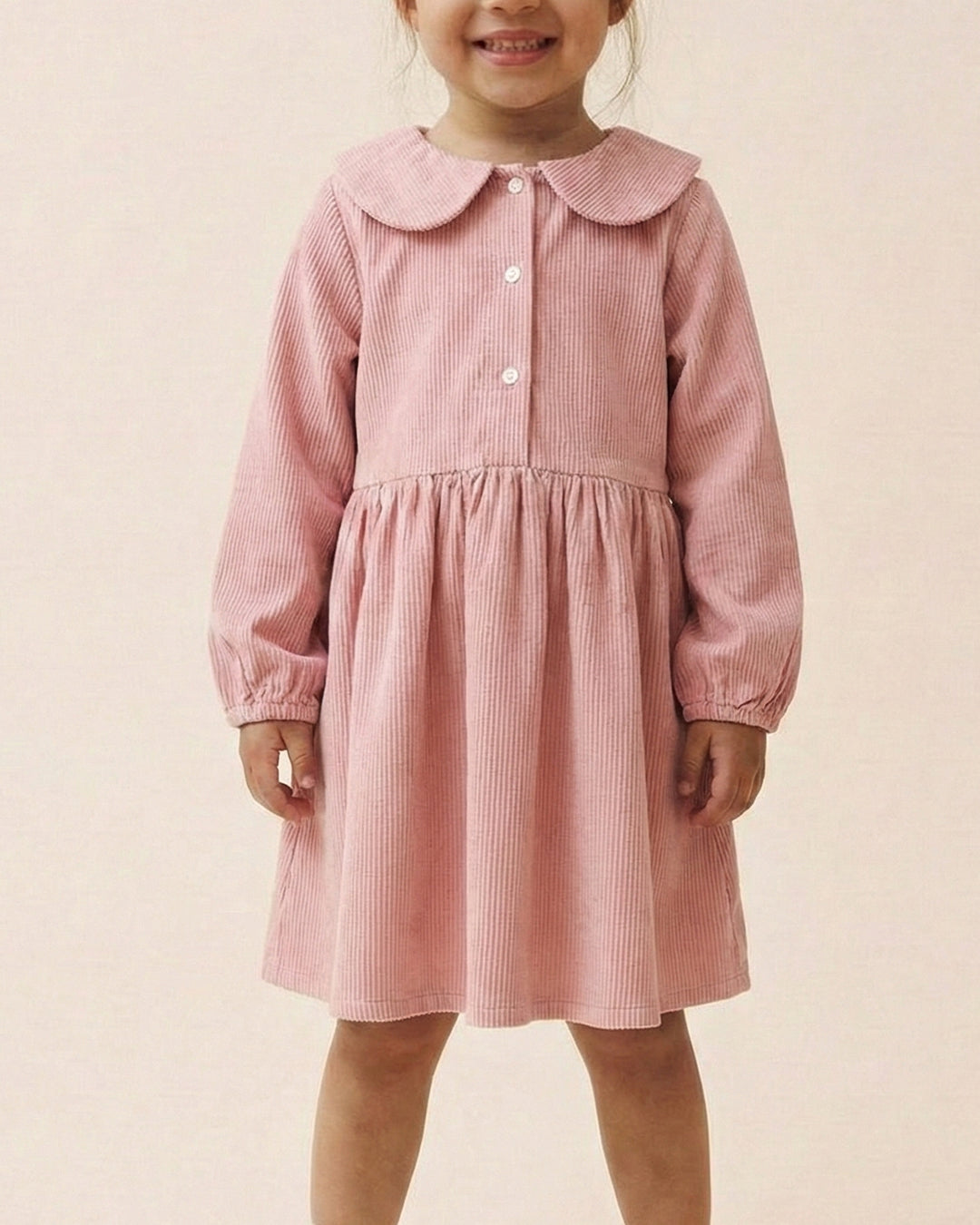 Girls Peach Collar Neck Corduroy Rib Solid Dress