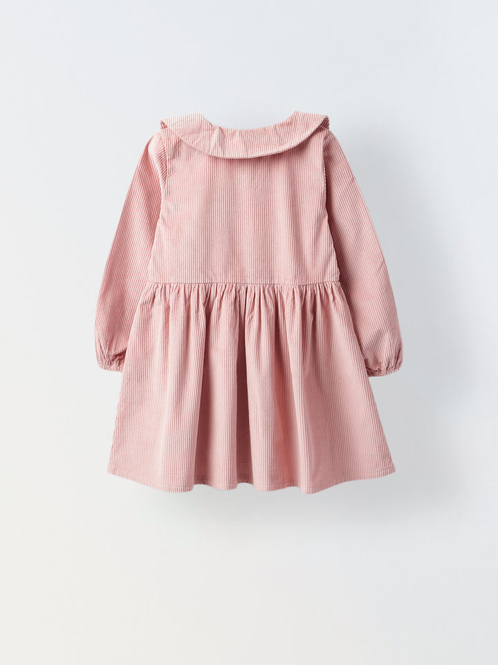 Girls Peach Collar Neck Corduroy Rib Solid Dress