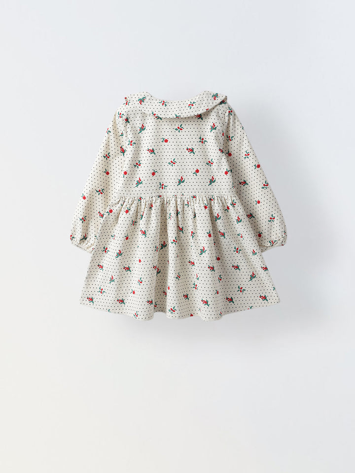 Girls White Collar Neck Corduroy Floral Print Dress
