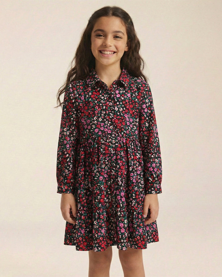 Girls Navy Blue Collar Neck Long Sleeve Floral Print Dress