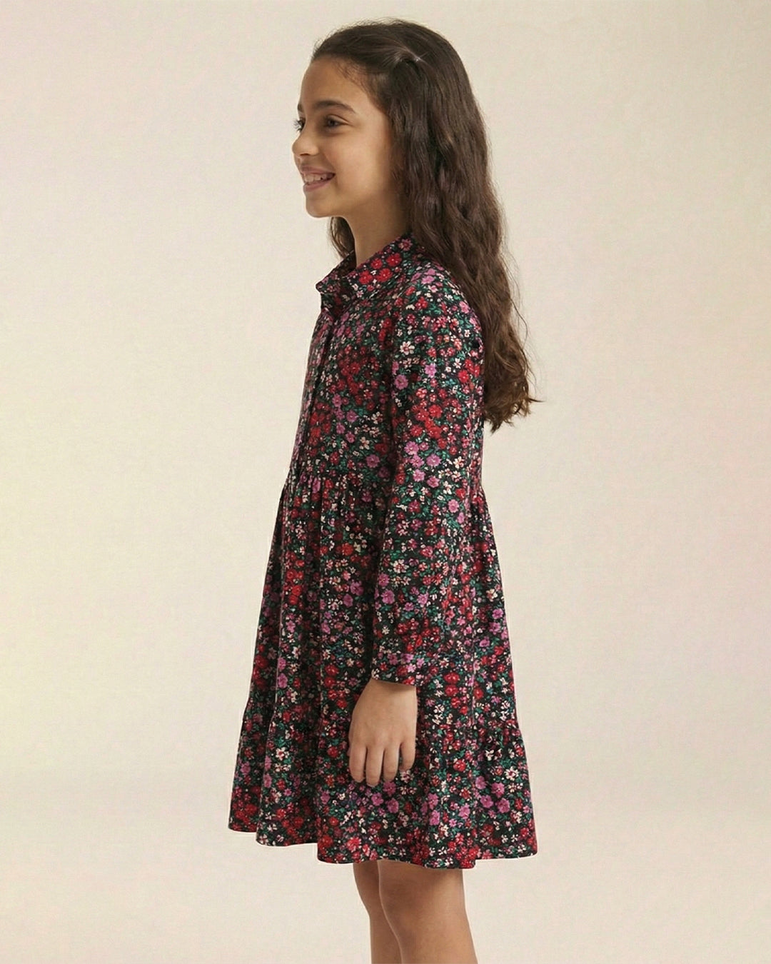 Girls Navy Blue Collar Neck Long Sleeve Floral Print Dress