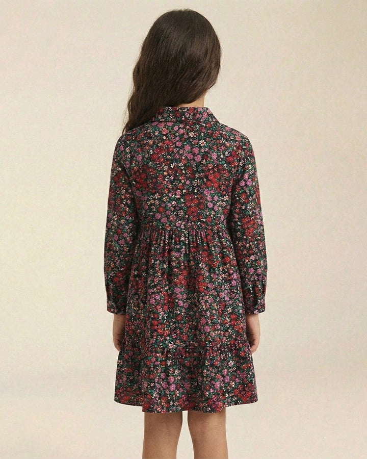 Girls Navy Blue Collar Neck Long Sleeve Floral Print Dress