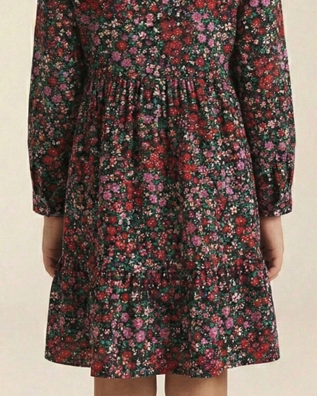 Girls Navy Blue Collar Neck Long Sleeve Floral Print Dress