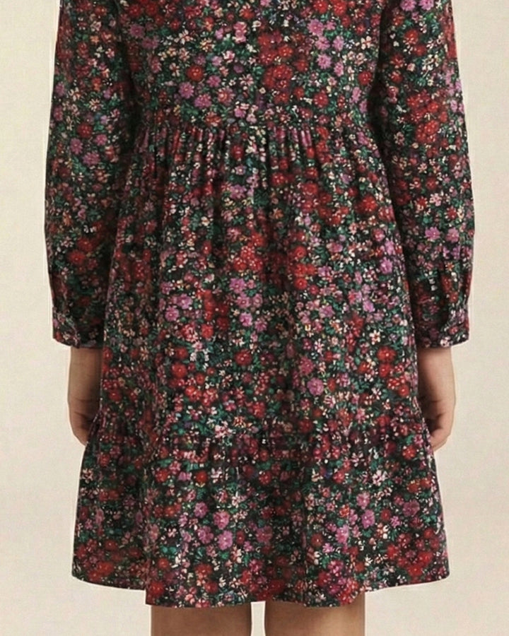 Girls Navy Blue Collar Neck Long Sleeve Floral Print Dress