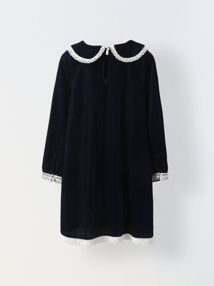 Girls Navy Velvet Party Dress with Lace Collar
