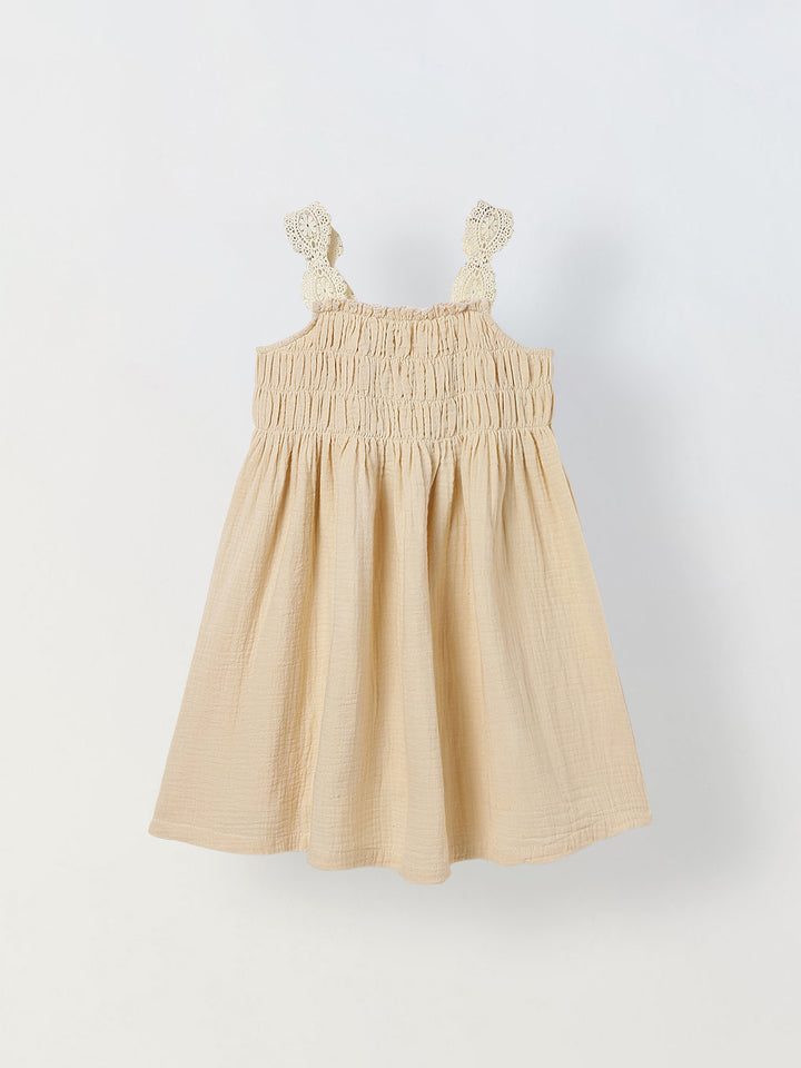 Spunkies Ecru Girls Smocked Lace Square Neck Sleeveless A-Line Dress