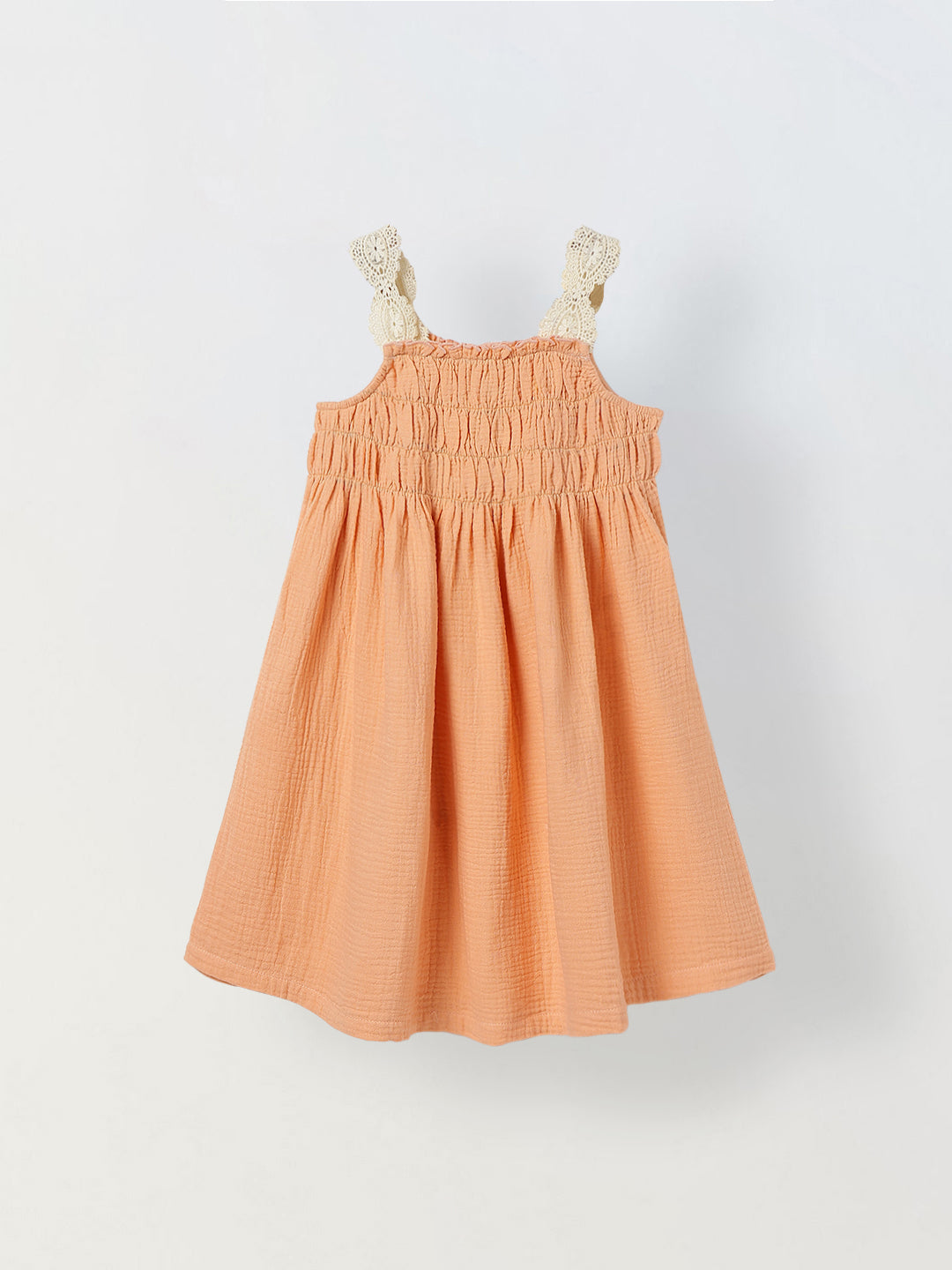 Spunkies Peach Girls Smocked Lace Square Neck Sleeveless A-Line Dress