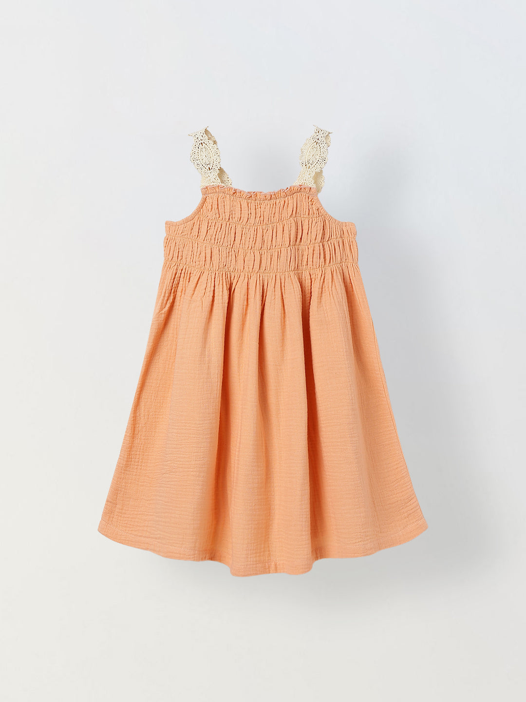 Spunkies Peach Girls Smocked Lace Square Neck Sleeveless A-Line Dress