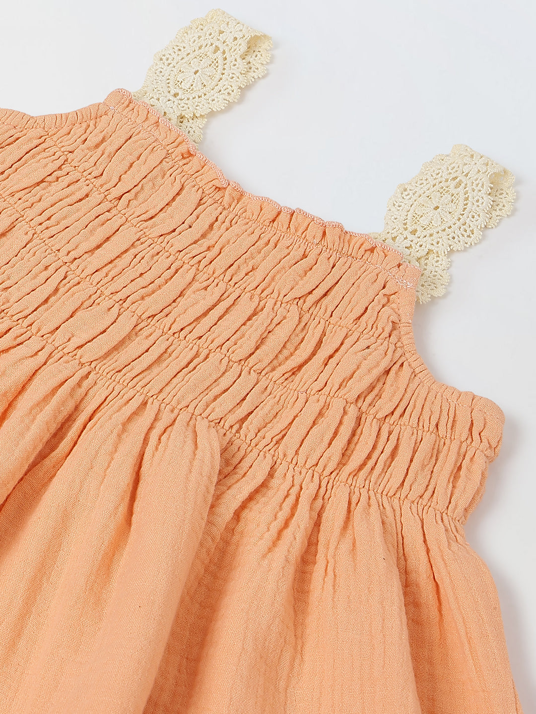Spunkies Peach Girls Smocked Lace Square Neck Sleeveless A-Line Dress