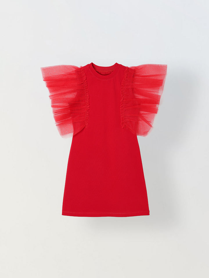 Spunkies Red Girls Solid Round Neck Frilled Sleeves Shift Dress
