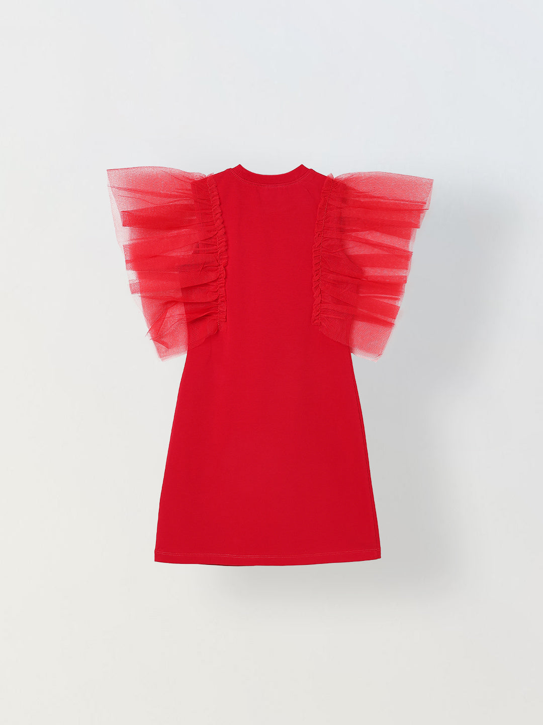 Spunkies Red Girls Solid Round Neck Frilled Sleeves Shift Dress