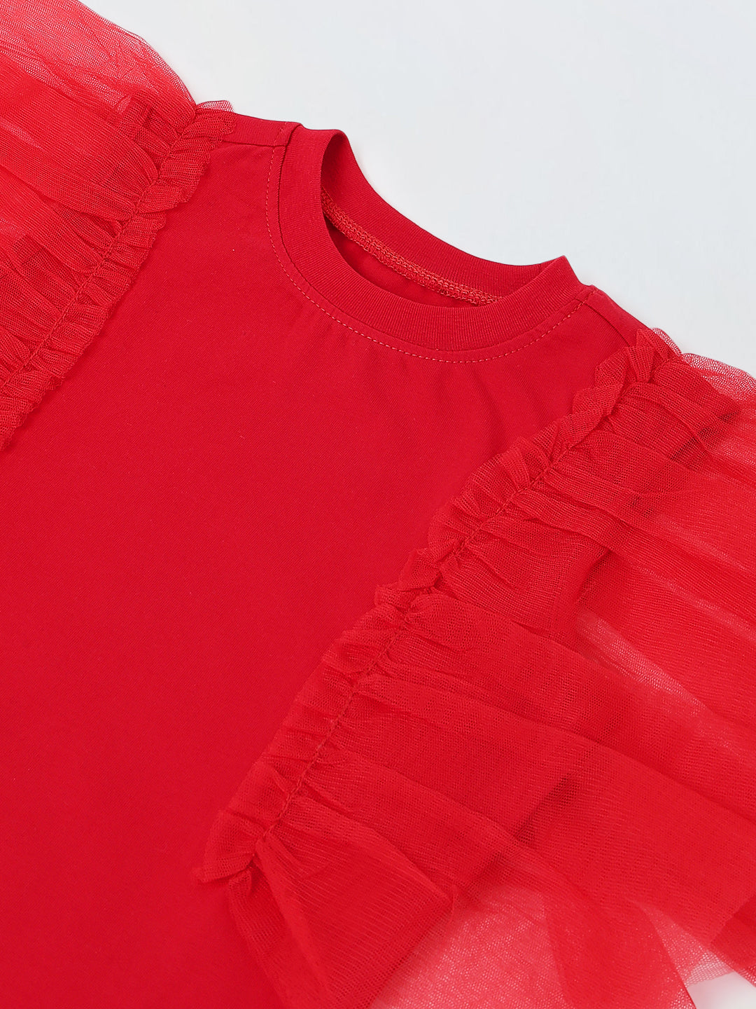 Spunkies Red Girls Solid Round Neck Frilled Sleeves Shift Dress