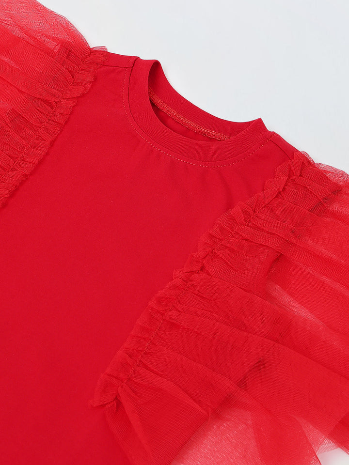 Spunkies Red Girls Solid Round Neck Frilled Sleeves Shift Dress