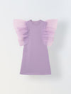 Spunkies Purple Girls Solid Round Neck Frilled Sleeves Shift Dress