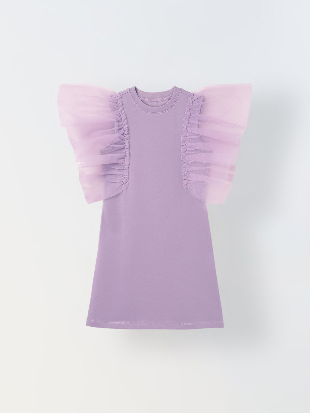 Spunkies Purple Girls Solid Round Neck Frilled Sleeves Shift Dress