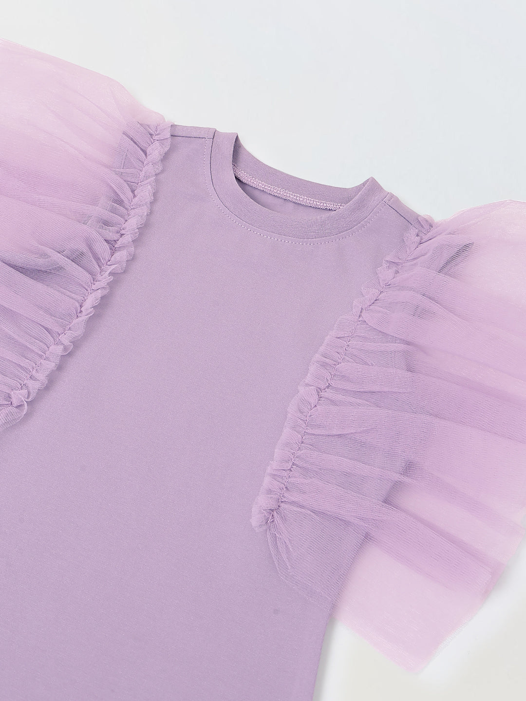 Spunkies Purple Girls Solid Round Neck Frilled Sleeves Shift Dress