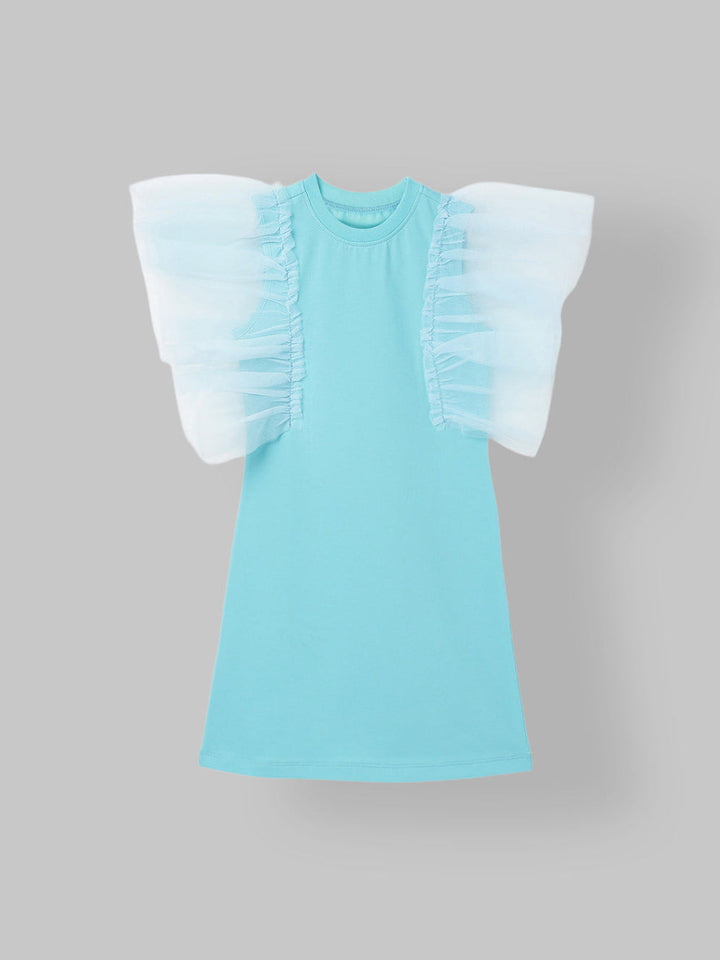 Spunkies Turquoise Girls Solid Round Neck Short Sleeves Shift Dress
