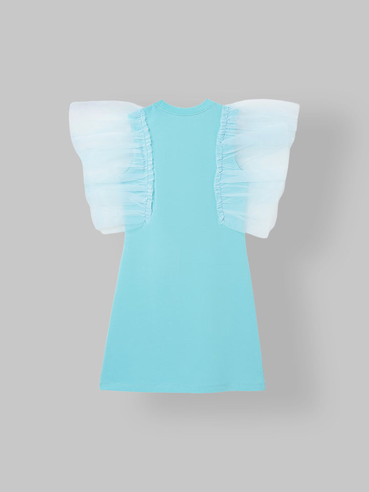 Spunkies Turquoise Girls Solid Round Neck Short Sleeves Shift Dress