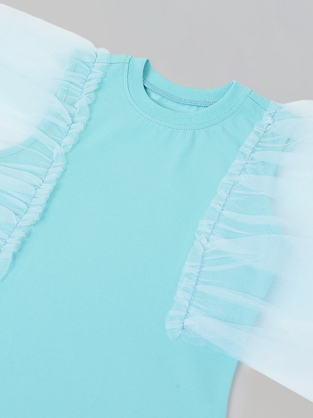 Spunkies Turquoise Girls Solid Round Neck Short Sleeves Shift Dress