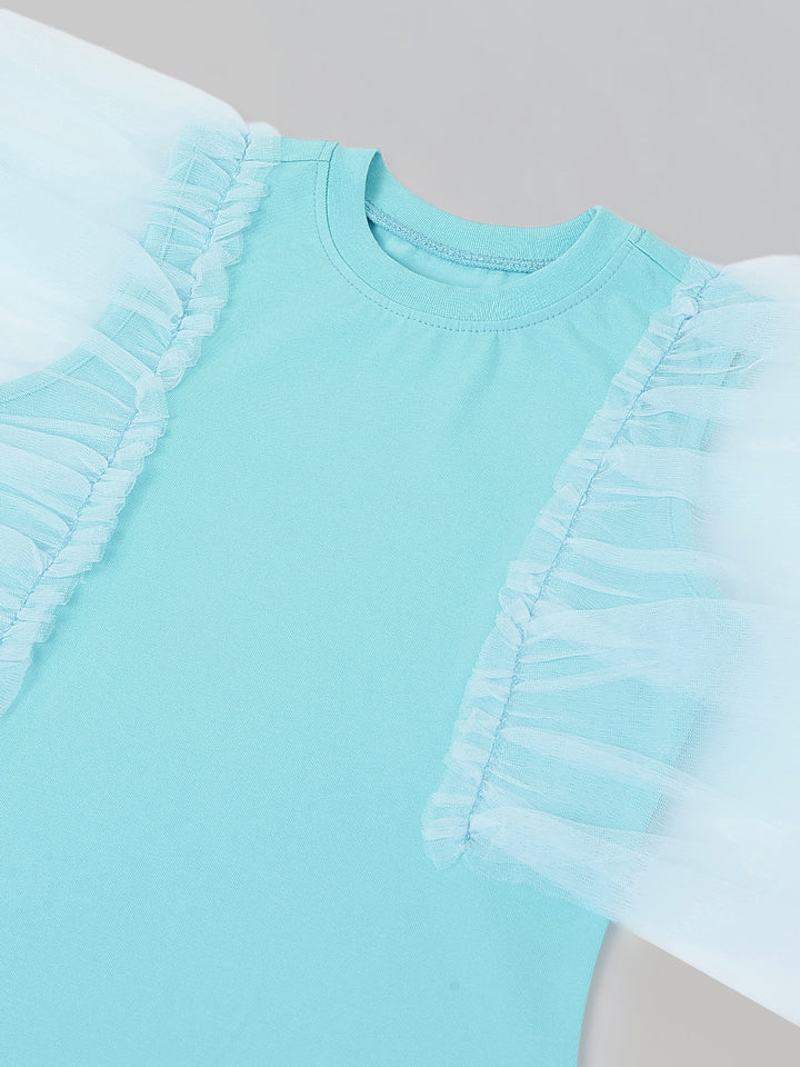 Spunkies Turquoise Girls Solid Round Neck Short Sleeves Shift Dress