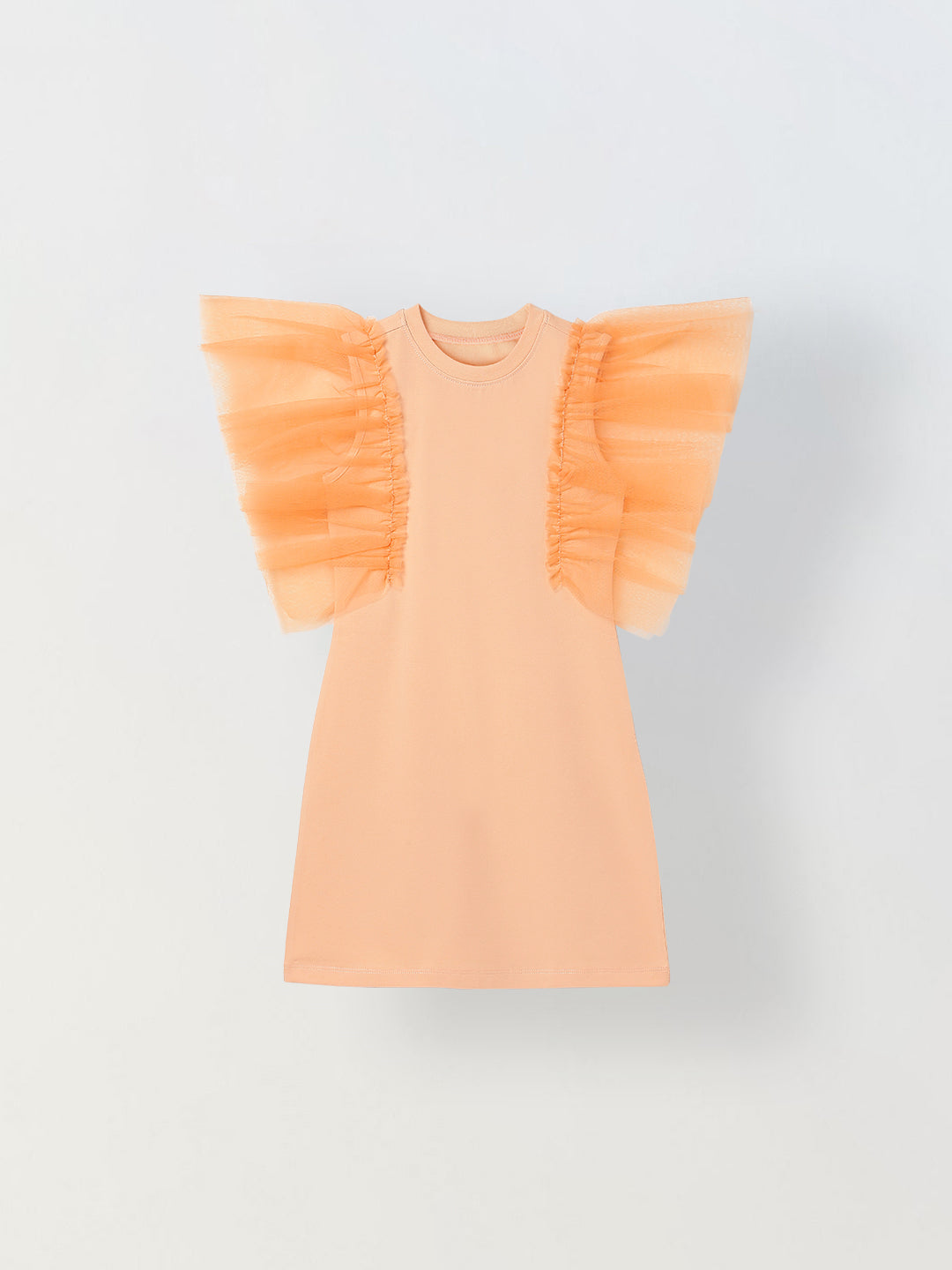 Spunkies Orange Girls Solid Round Neck Frilled Sleeves Shift Dress