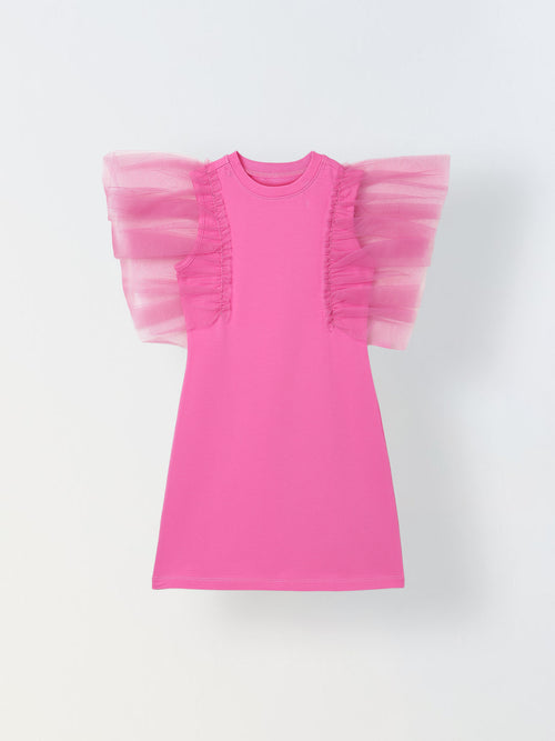 Spunkies Pink Girls Solid Round Neck Short Sleeves Shift Dress