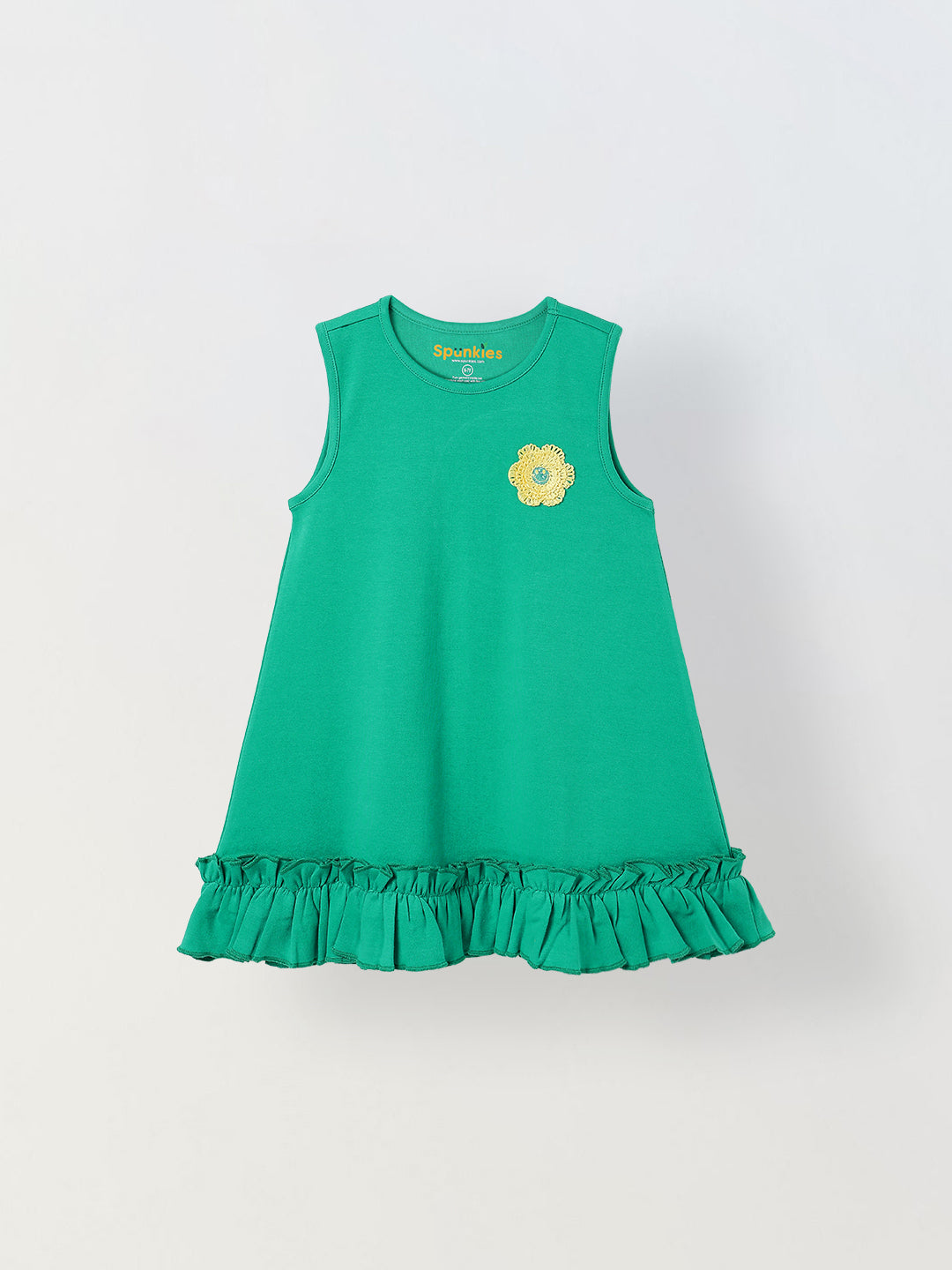 Spunkies Green Girls Crochet Floral Round Neck Sleeveless A-Line Dress