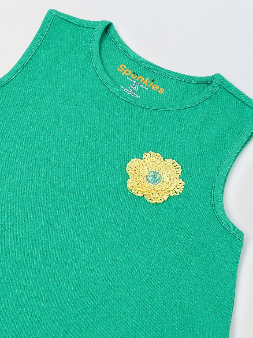 Spunkies Green Girls Crochet Floral Round Neck Sleeveless A-Line Dress