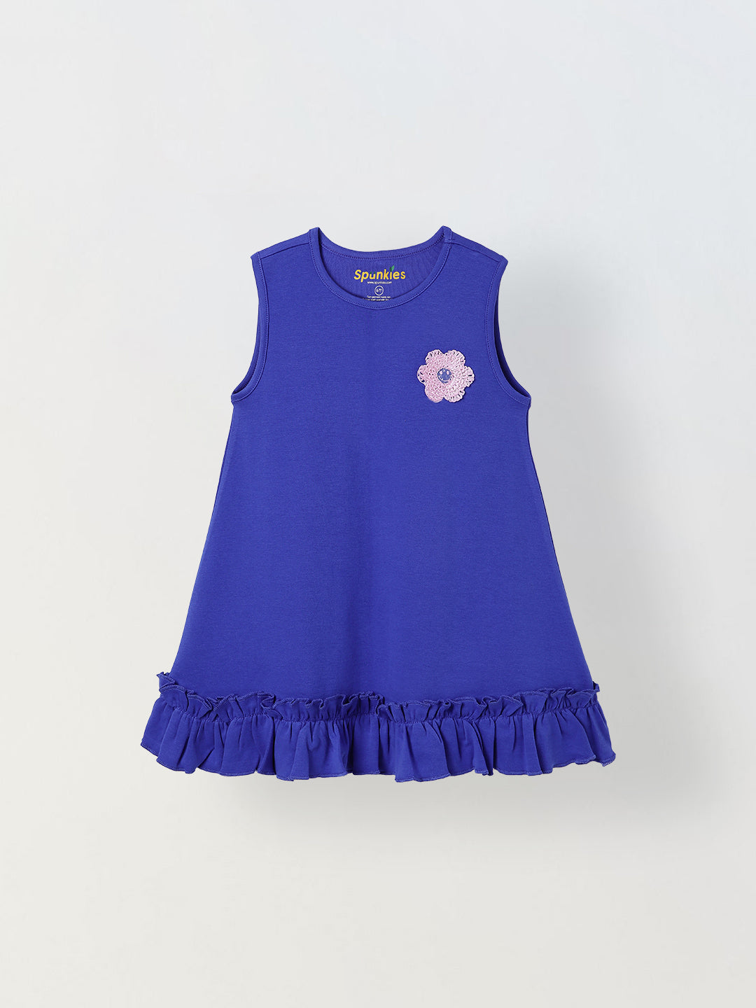Spunkies Blue Girls Crochet Floral Round Neck Sleeveless A-Line Dress