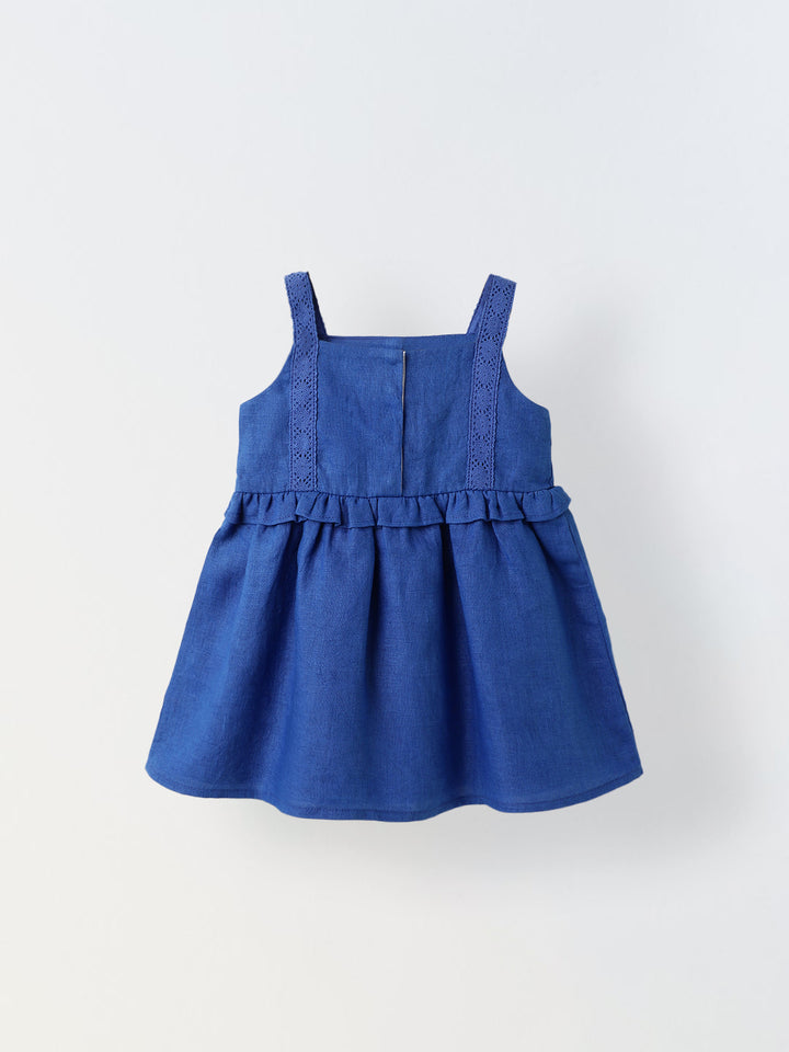 Infant Girls' Blue Peplum Cotton Linen Dress