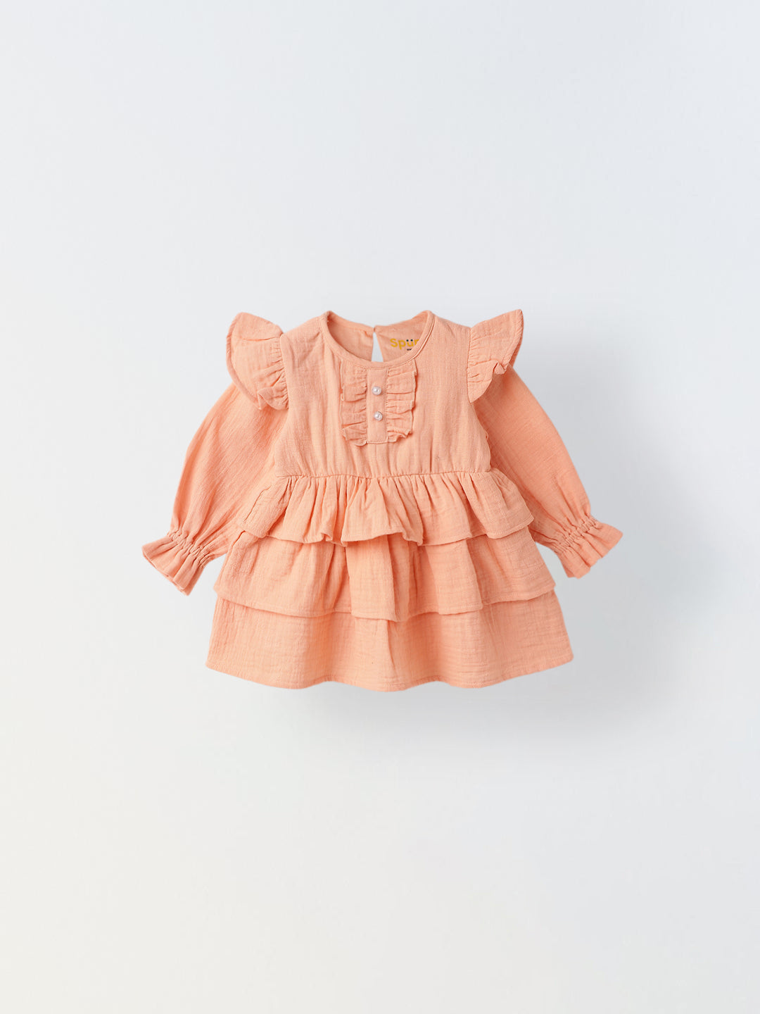 Infant Peach Cotton Round Neck Dress for Girls