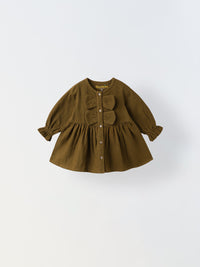 Girls Bow-Accents Long-Sleeve Button-Down Dress
