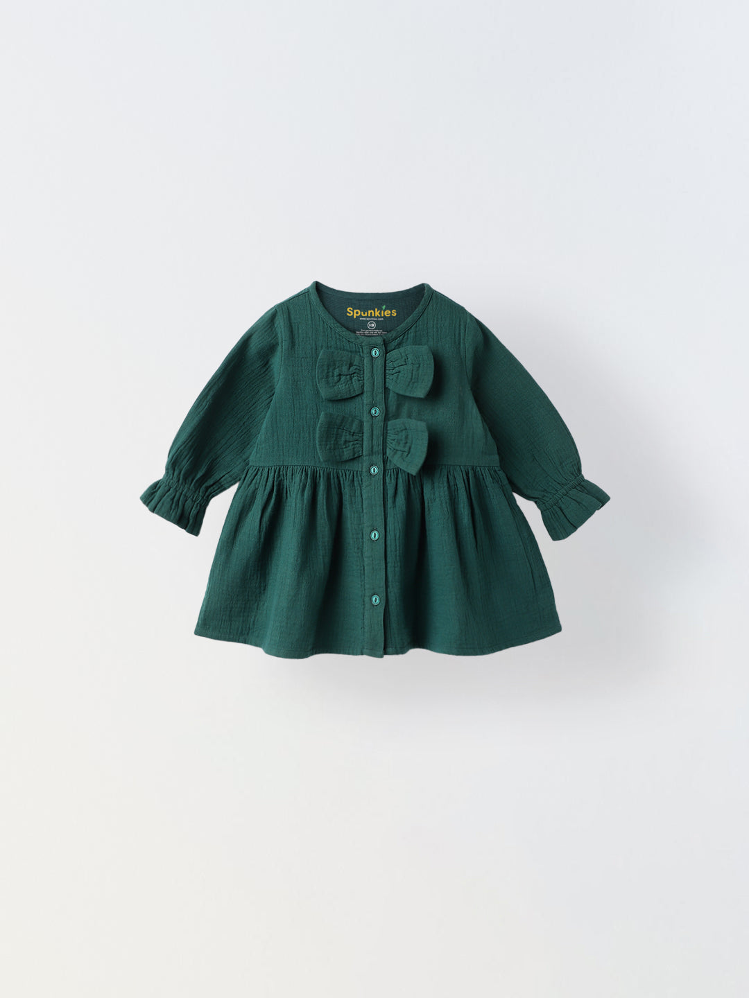 Girls' Teal Bow Accents Long-Sleeve Button-Down Dress