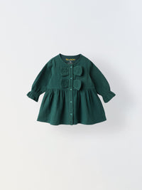 Girls Teal Bow-Accents Long-Sleeve Button-Down Dress