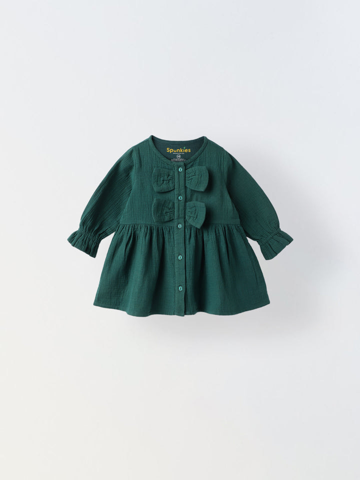 Girls' Teal Bow Accents Long-Sleeve Button-Down Dress