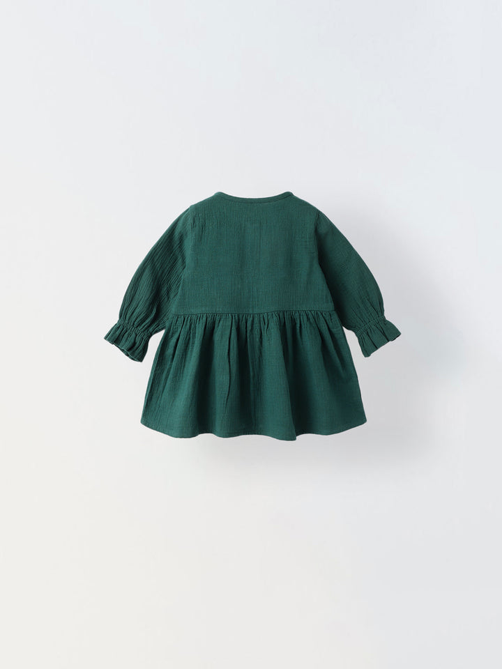 Girls' Teal Bow Accents Long-Sleeve Button-Down Dress