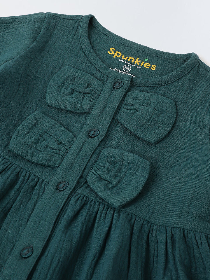 Girls' Teal Bow Accents Long-Sleeve Button-Down Dress