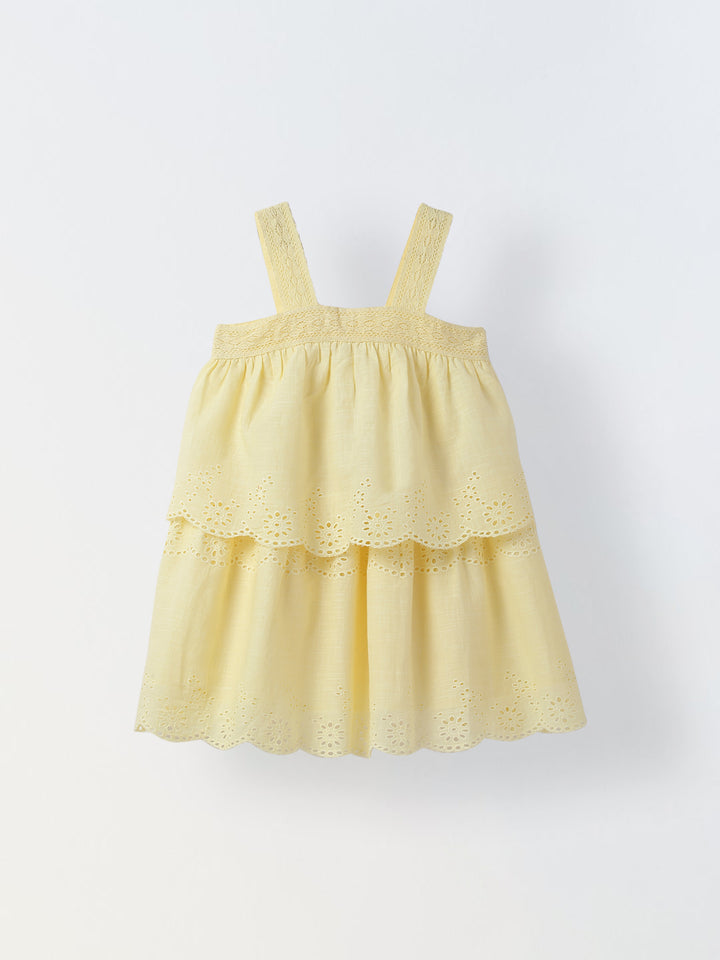 Soft Yellow Cotton Schiffli Dress For Girls