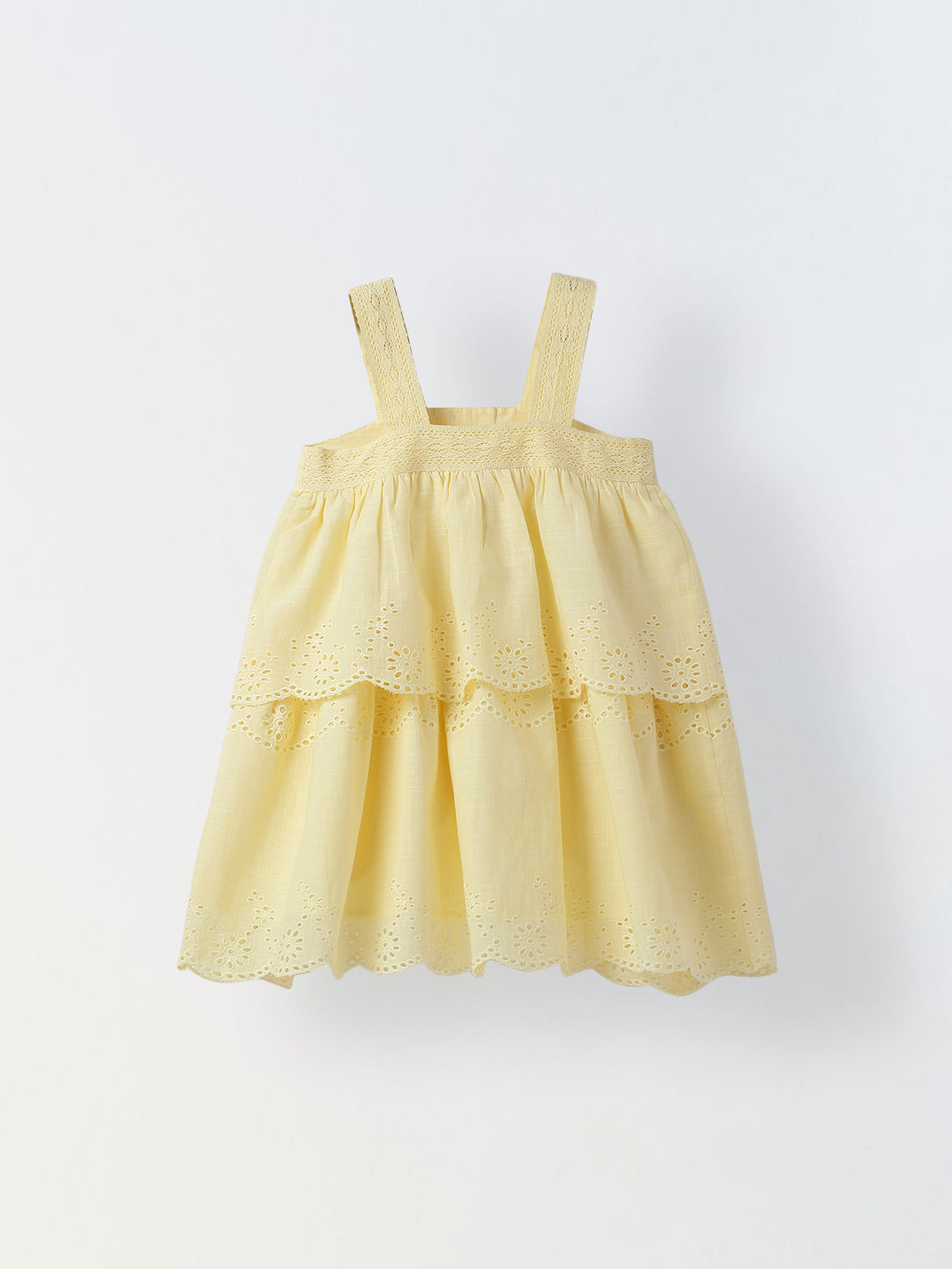Soft Yellow Cotton Schiffli Dress For Girls