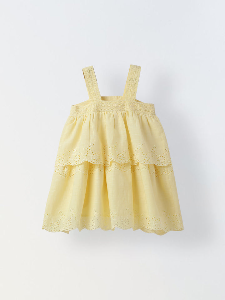 Soft Yellow Cotton Schiffli Dress For Girls