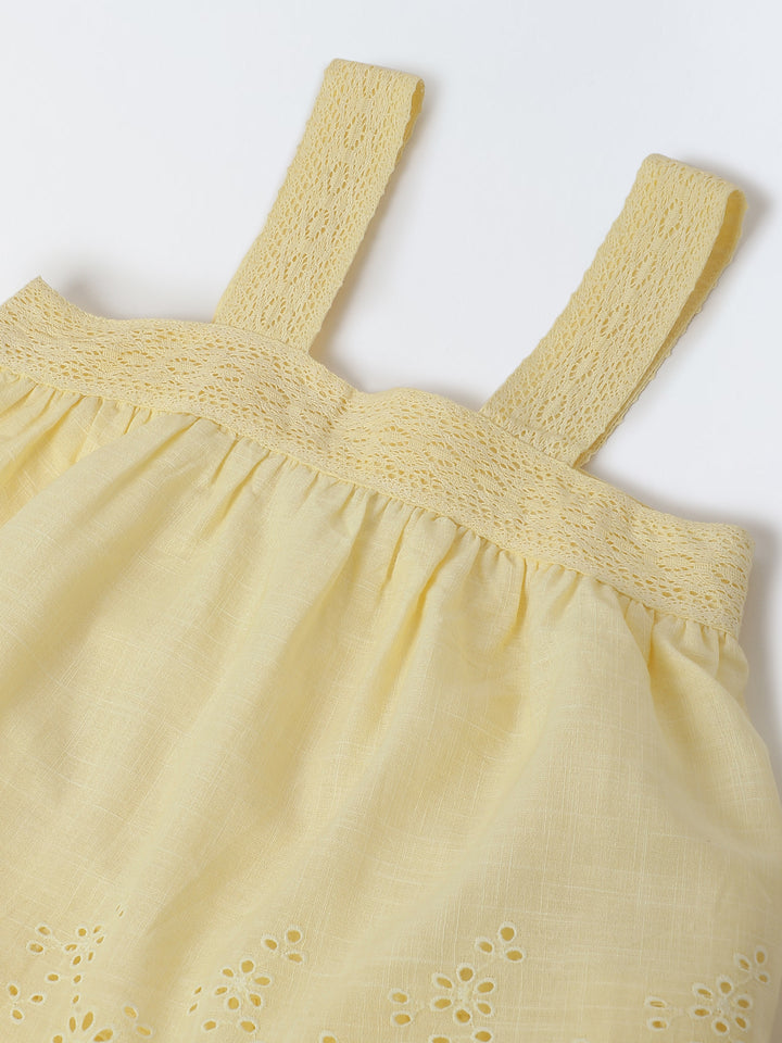 Soft Yellow Cotton Schiffli Dress For Girls