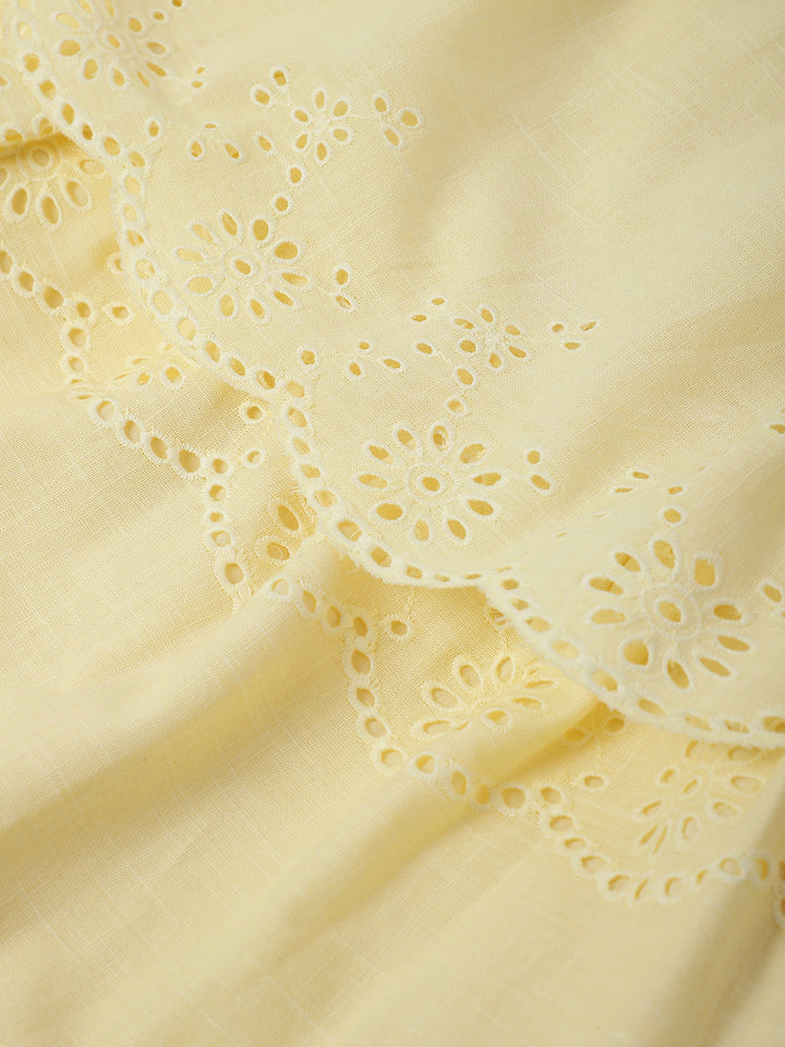 Soft Yellow Cotton Schiffli Dress For Girls