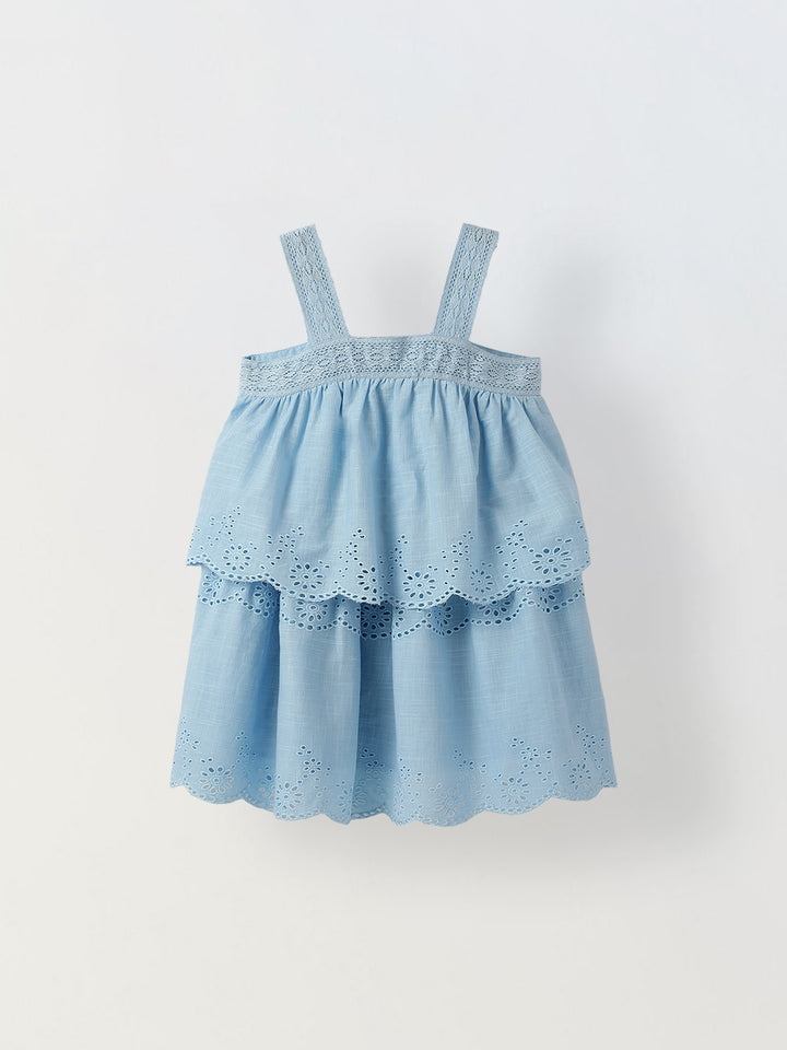 Blue Cotton Schiffli Dress For Girls