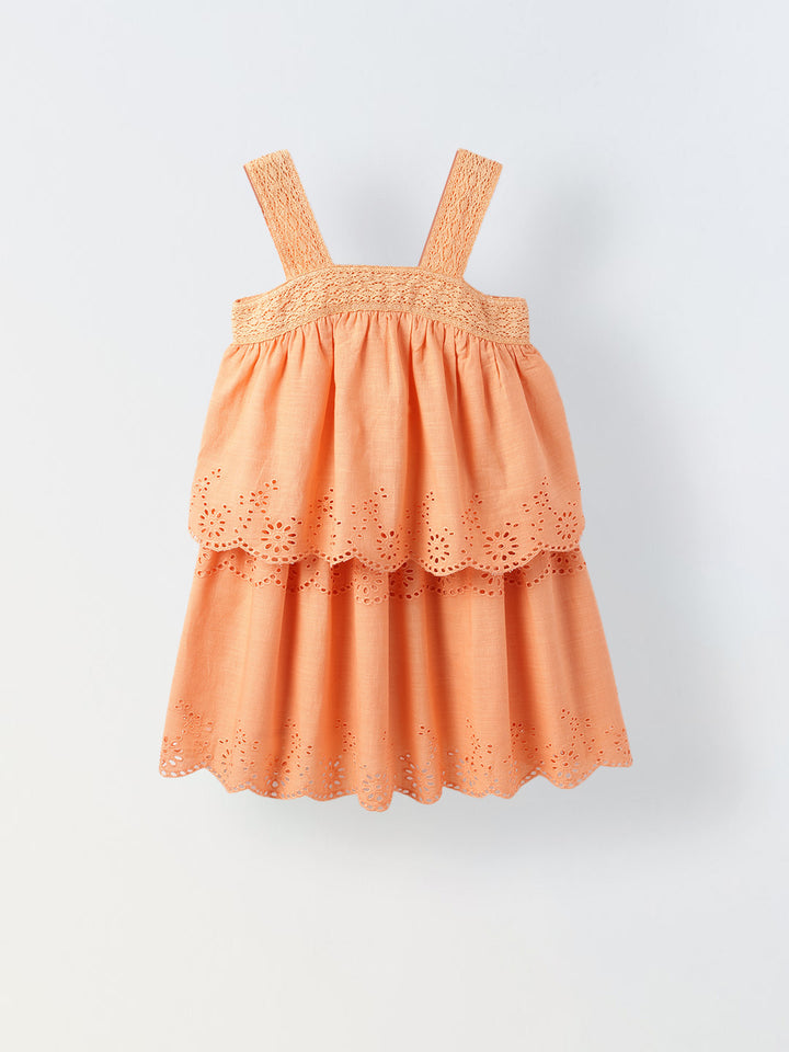 Peach Quartz Cotton Schiffli Dress For Girls