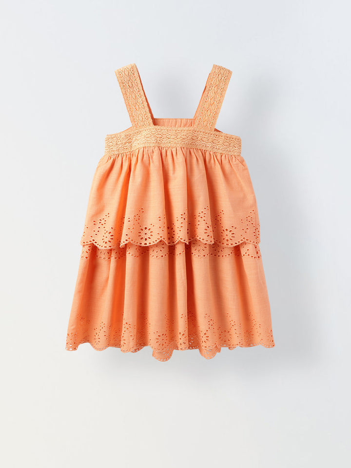 Peach Quartz Cotton Schiffli Dress For Girls